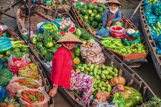 Frau mit traditionellem vietnamesischem Hut auf einem Boot voll mit Gem&uuml;se und Obst, Floating Markets